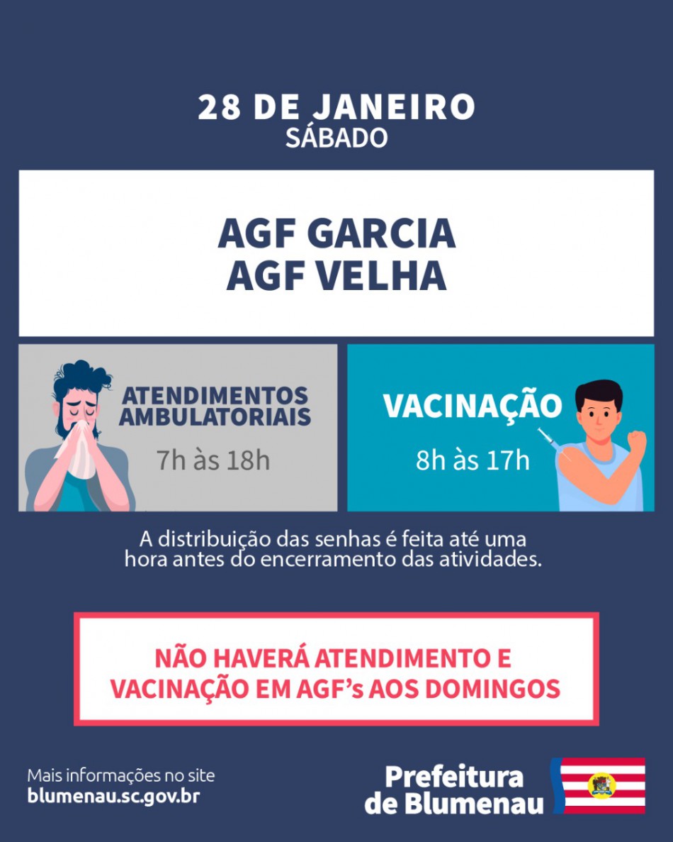 AGFs Garcia e Velha terão atendimento ambulatorial neste sábado, 28 de janeiro